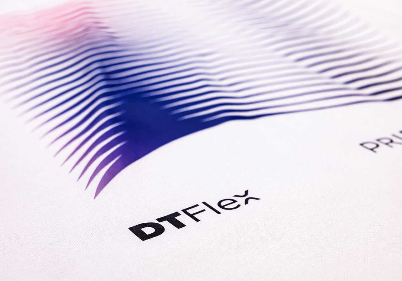 A graphic design featuring the text "DTFlex" and abstract wave lines in gradient colors on a white hoodie.