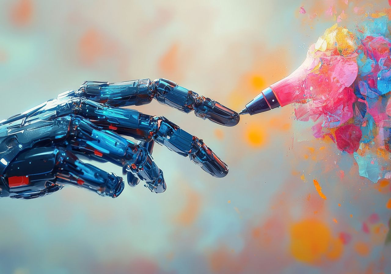 A robot hand extends towards a vibrant, paint-splattered human hand, symbolizing connection between technology and creativity.