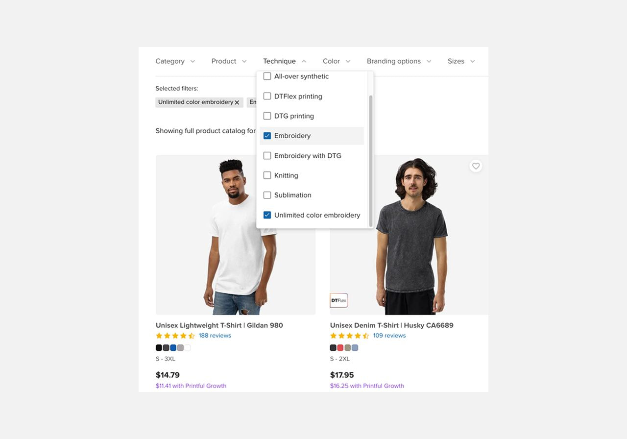 A screenshot showing how to filter embroidery products in Printful’s product catalog.