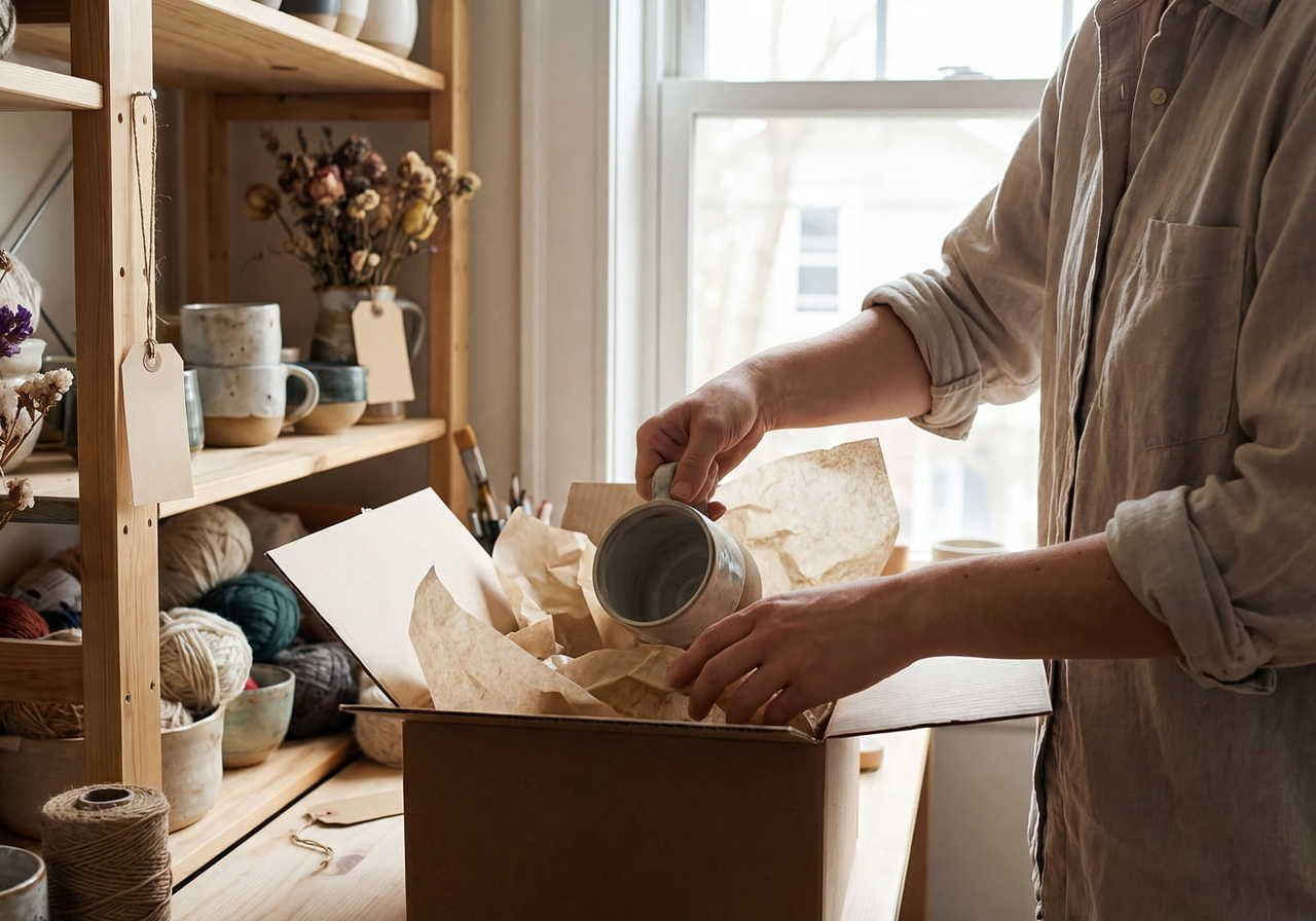 A person packs a ceramic mug into a box lined with brown paper in a cozy workspace with shelves displaying pottery and yarn.