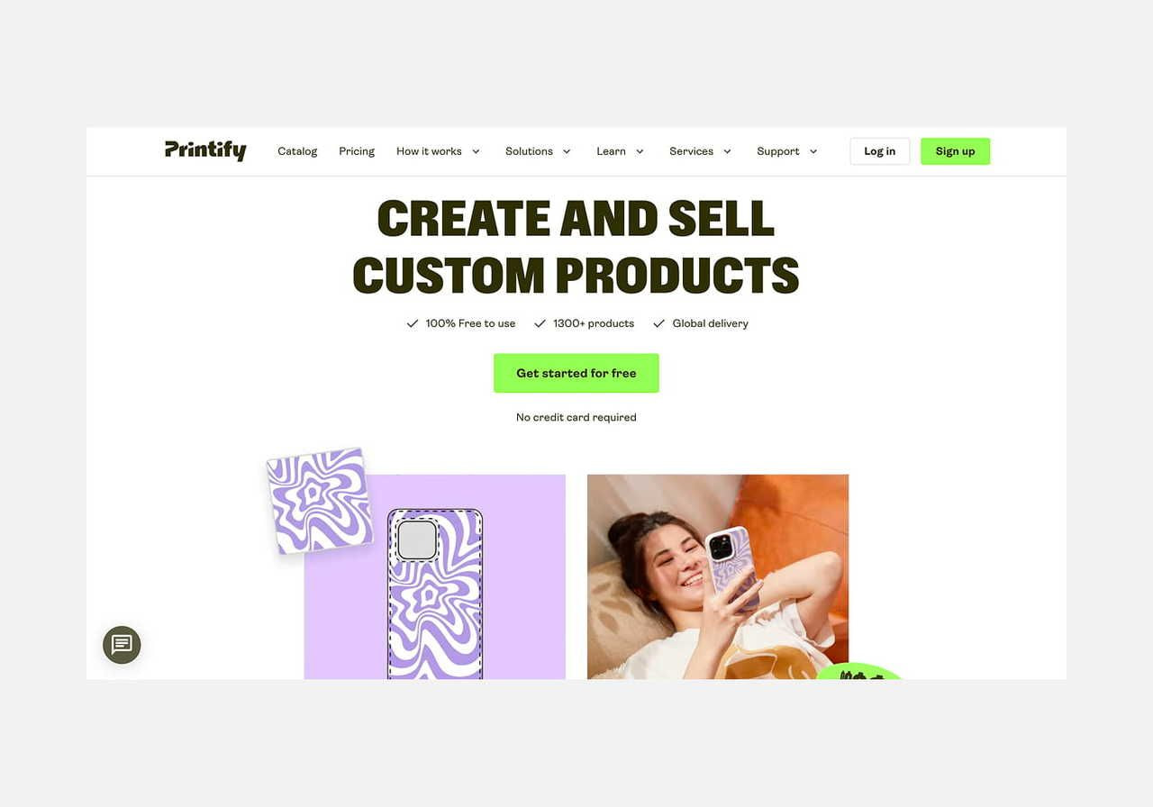 Printify homepage hero section screenshot mockup.