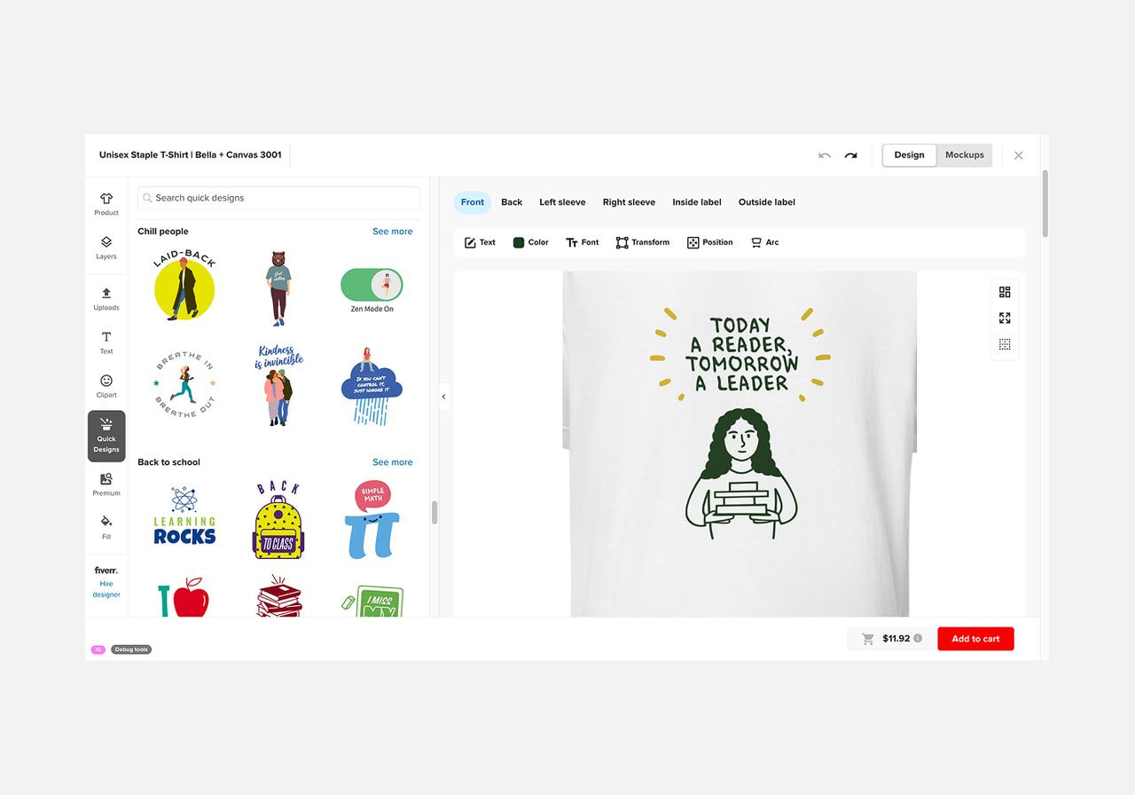Screenshot of an online t-shirt design tool showing a 'Today a reader, tomorrow a leader' graphic on a white shirt