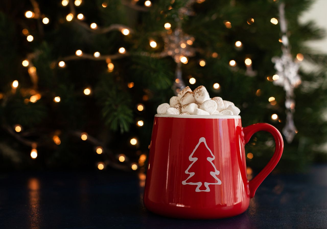 A red Christmas mug with a white tree design, filled with hot cocoa and cinnamon-dusted marshmallows, sits in front of a glowing Christmas tree.