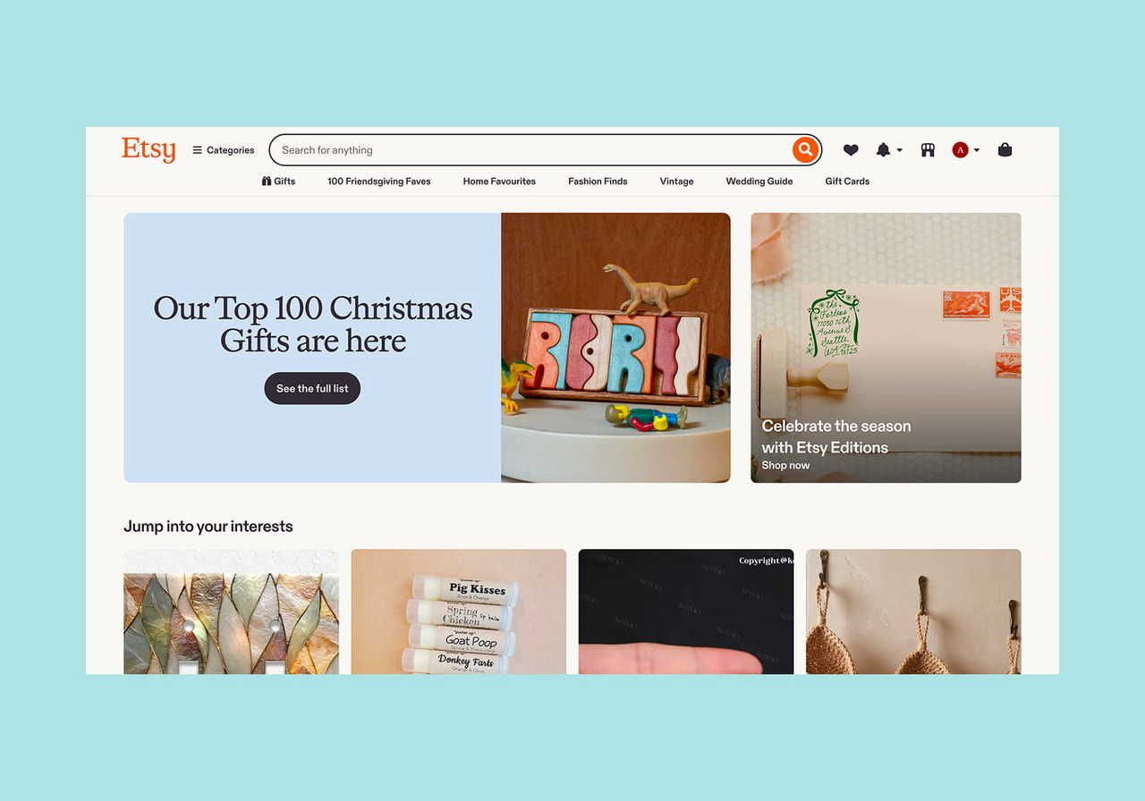 Etsy homepage hero section screenshot mockup.