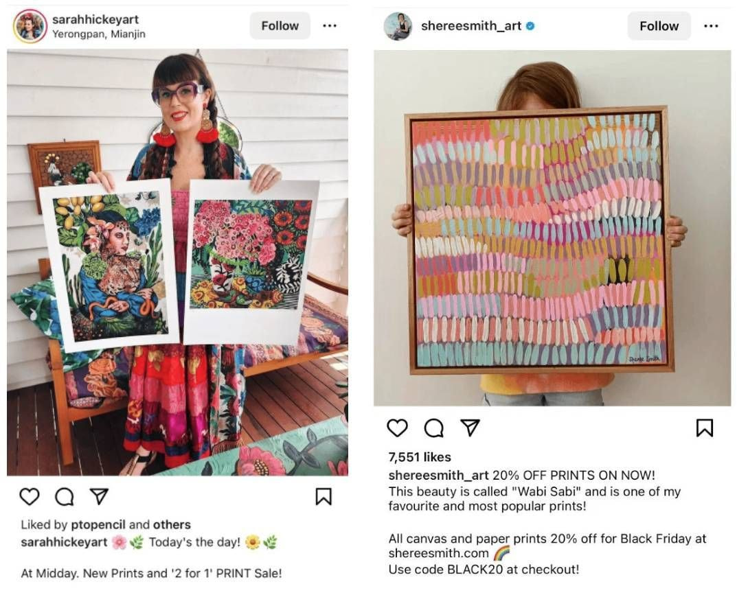 Side-by-side images of two different original art styles, one a watercolour and one a graphic design