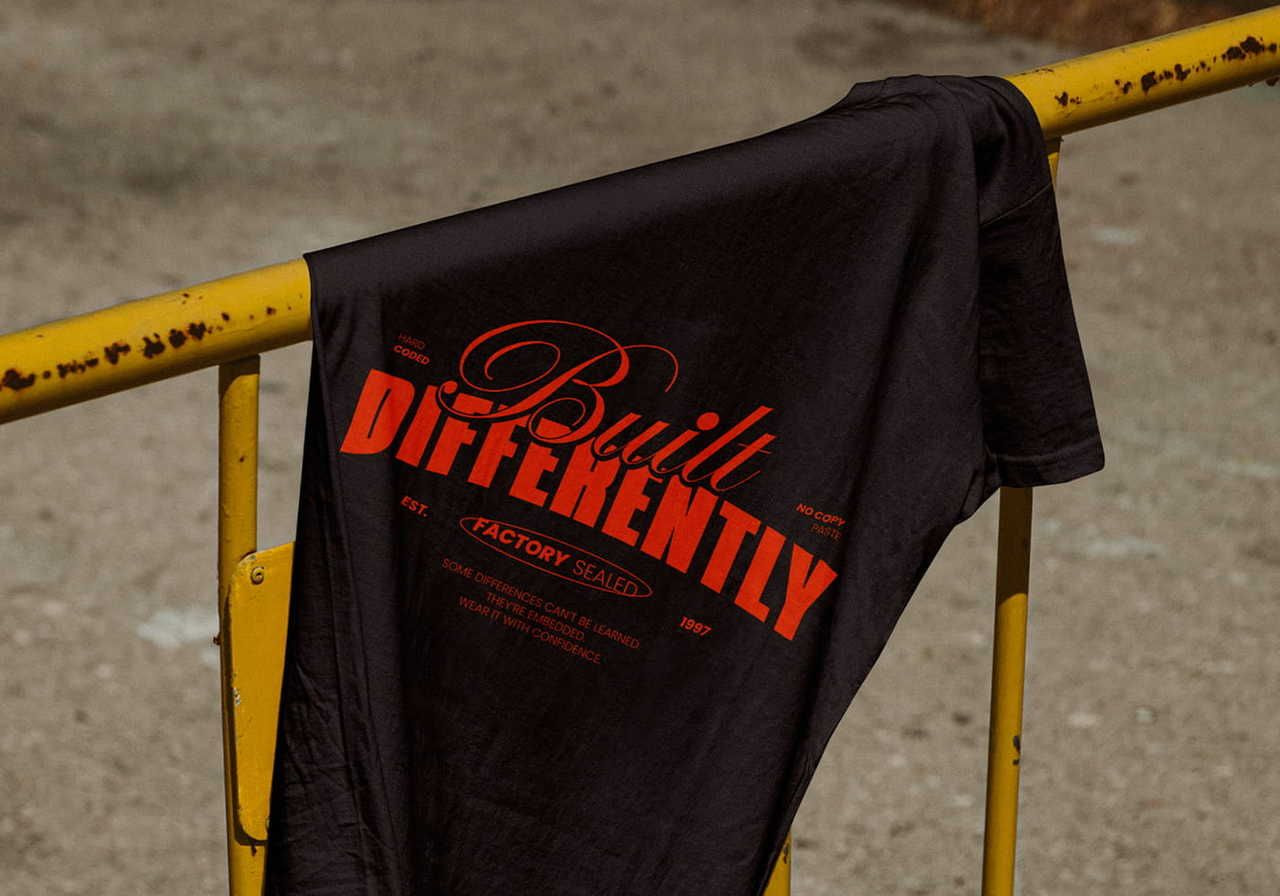 Black t-shirt draped over a yellow metal railing. The shirt features bold red text saying "Built Differently".