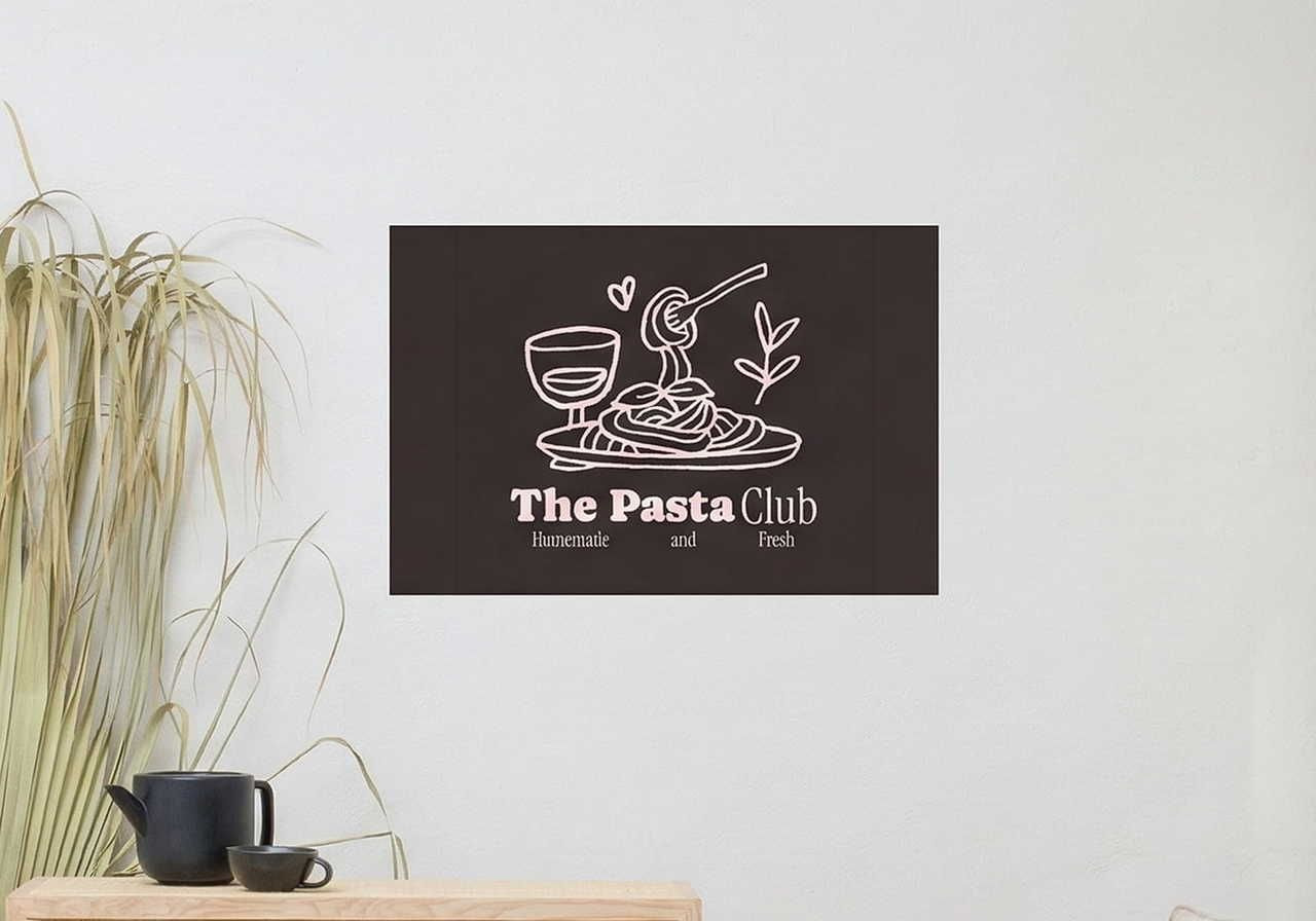 A minimalist wall art displays 'The Pasta Club' with illustrations of pasta, a wine glass, and herbs.