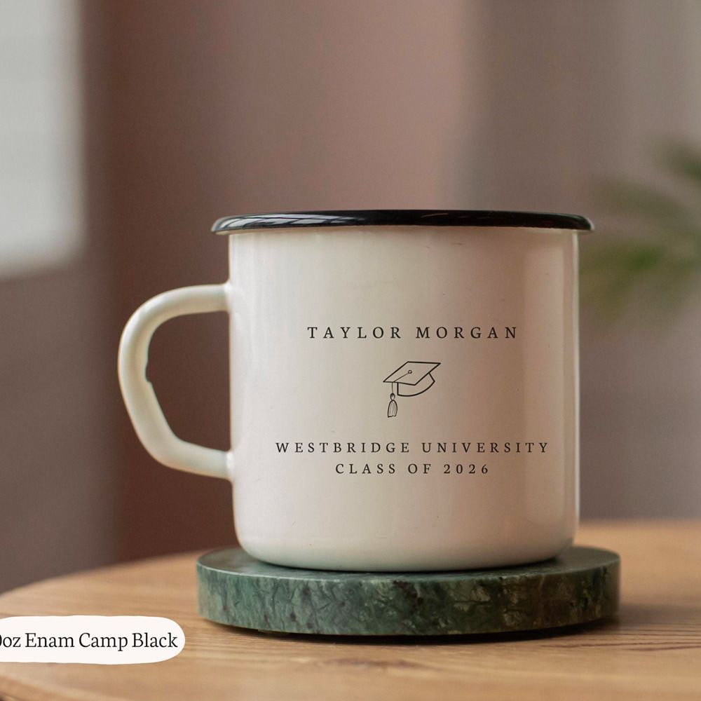 a white mug with black text on it