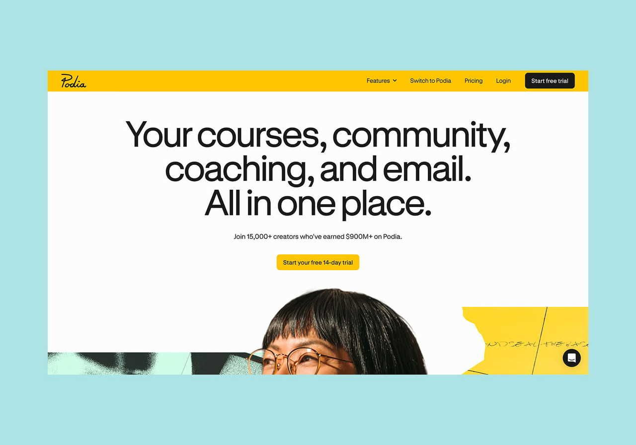 Podia homepage hero section screenshot mockup.