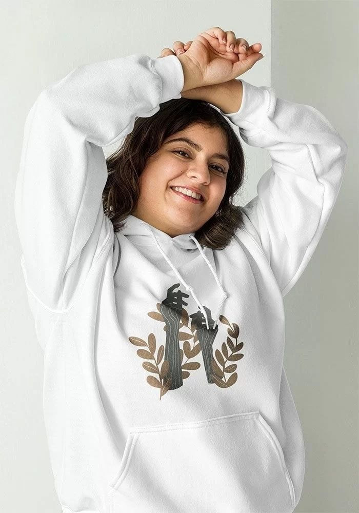 girl wearing custom heavy blend hoodie