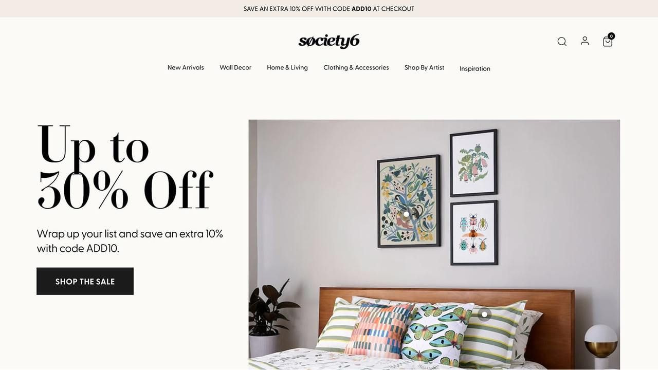 Society6 homepage hero section screenshot.