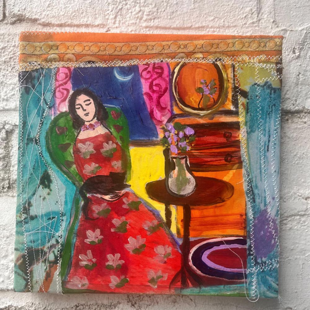 A painting depicting a woman seated in a chair, exuding a calm and contemplative demeanor.