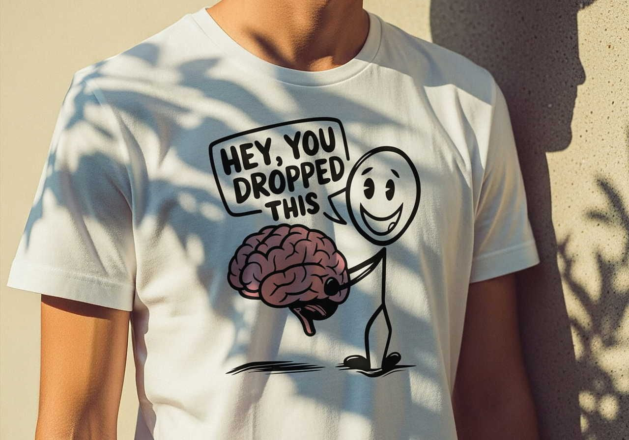 A person wears a white t-shirt featuring a cartoon stick figure holding a brain, saying, "Hey, you dropped this”.