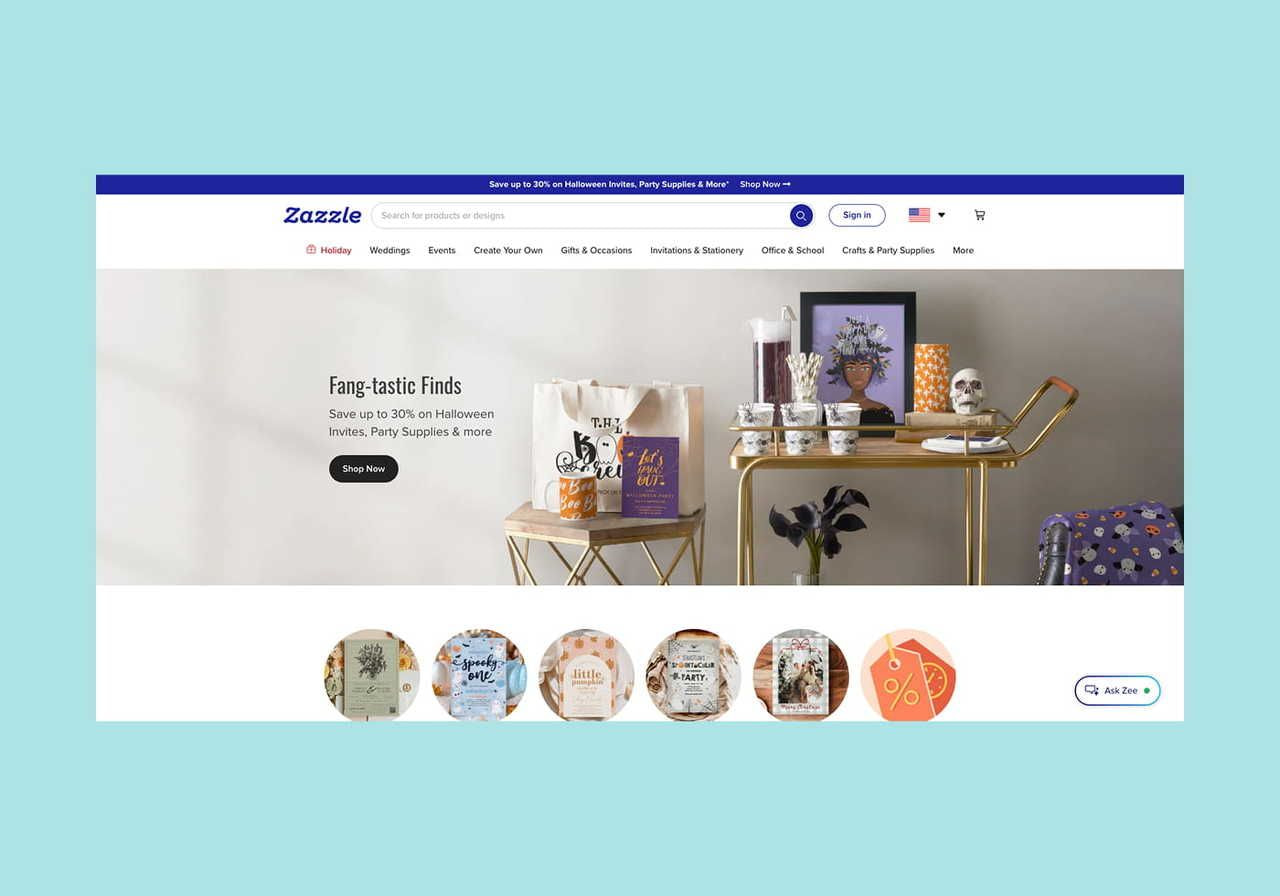 Zazzle homepage hero section screenshot mockup.