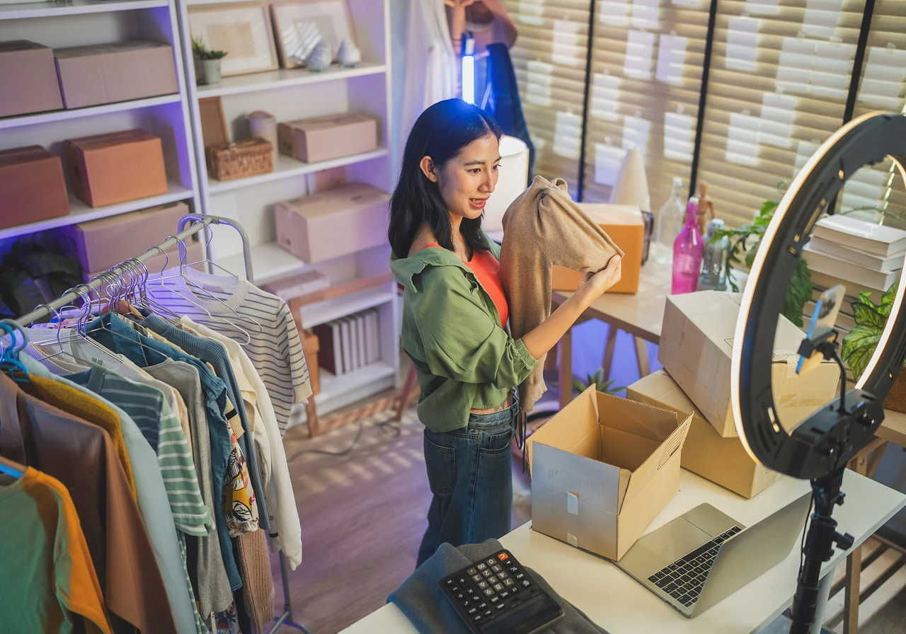 A young woman holding a beige item in a room filled with clothing racks and boxes, recording herself on a smartphone with a ring light.