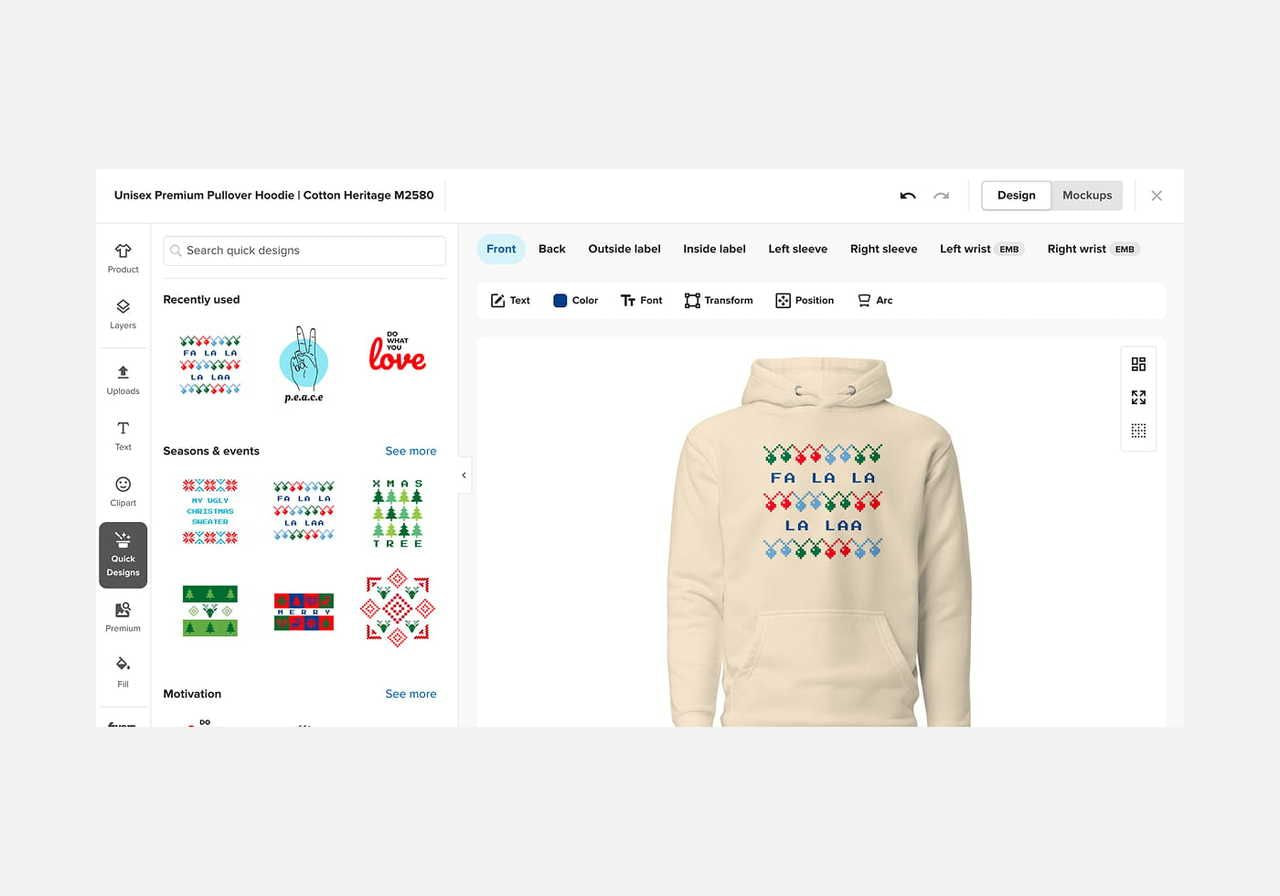 A screenshot showing Printful’s Design Maker Quick Design tool in action.