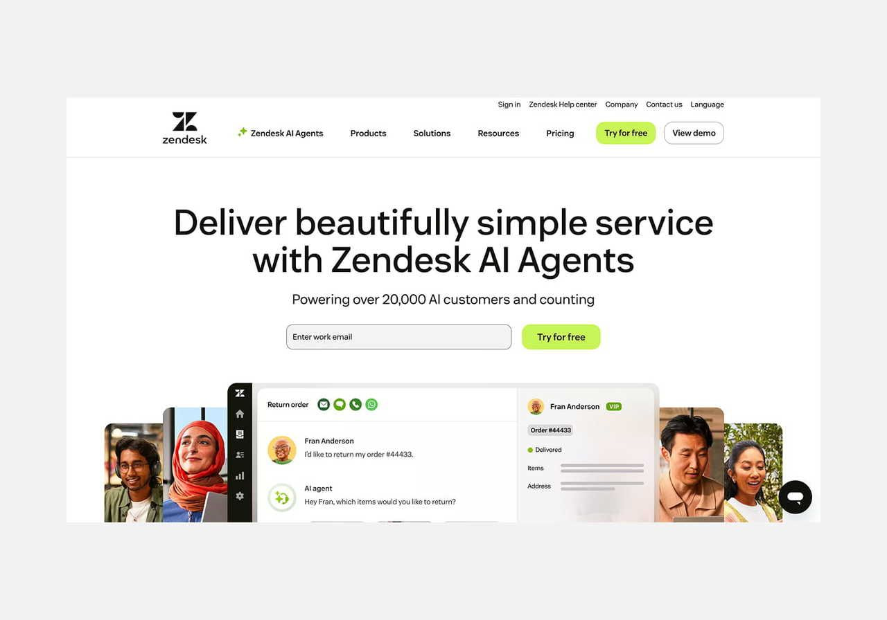 Zendesk homepage hero section screenshot mockup.