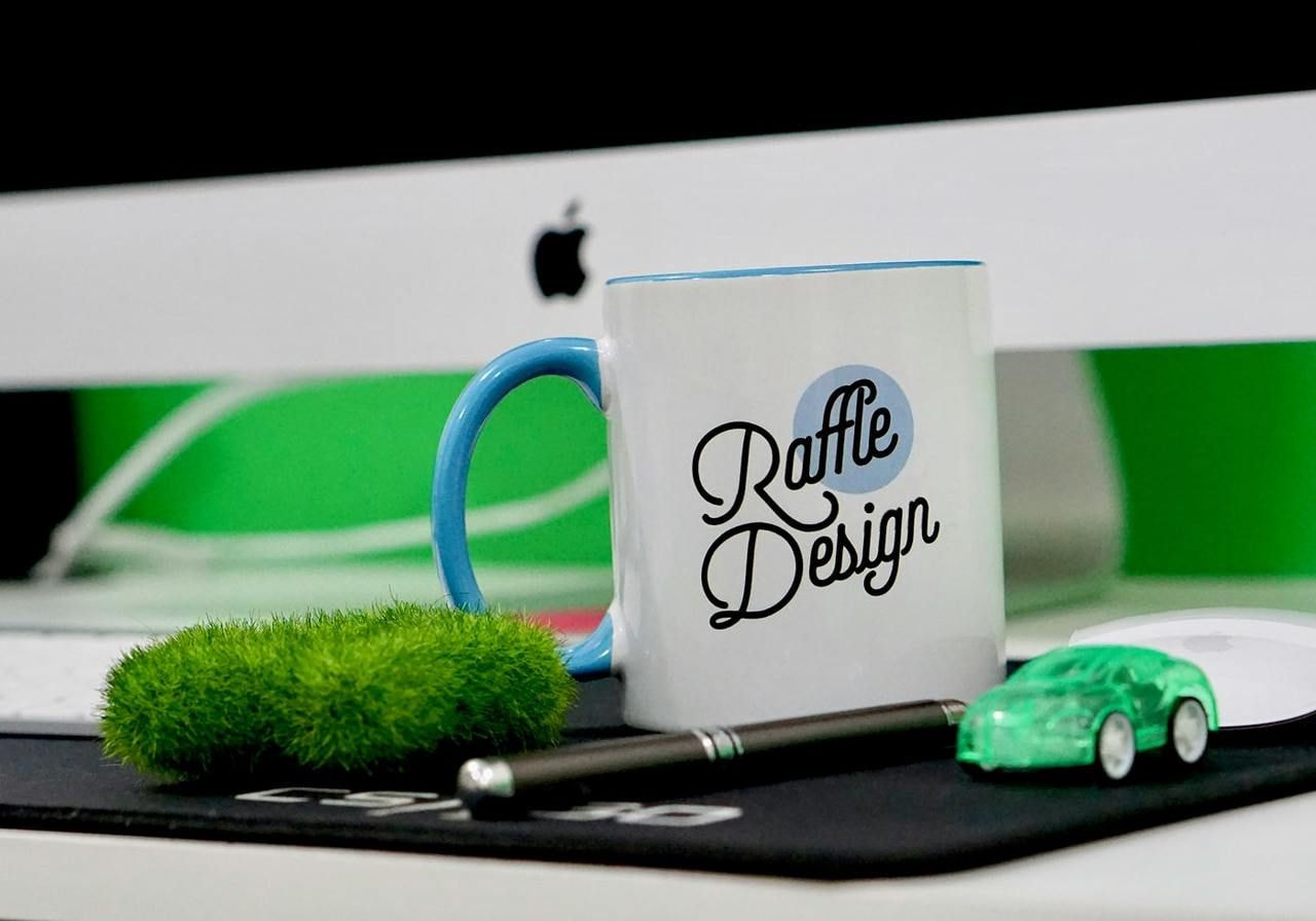 Raffle design logo mockup featuring a modern, colorful logo on a clean background, showcasing branding elements.