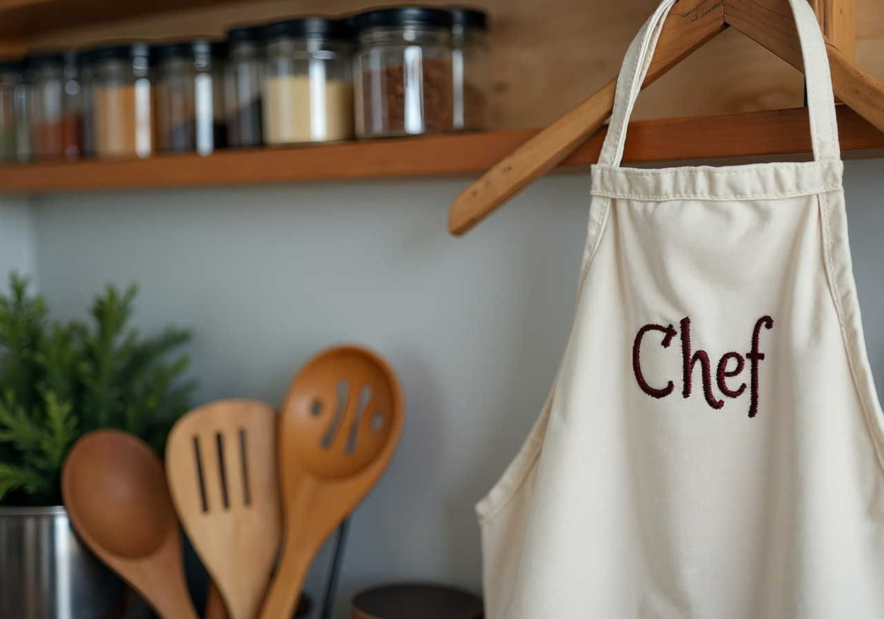 A kitchen scene with a beige apron labeled "Chef" hanging on a wooden rack. Wooden utensils and spice jars in the background.