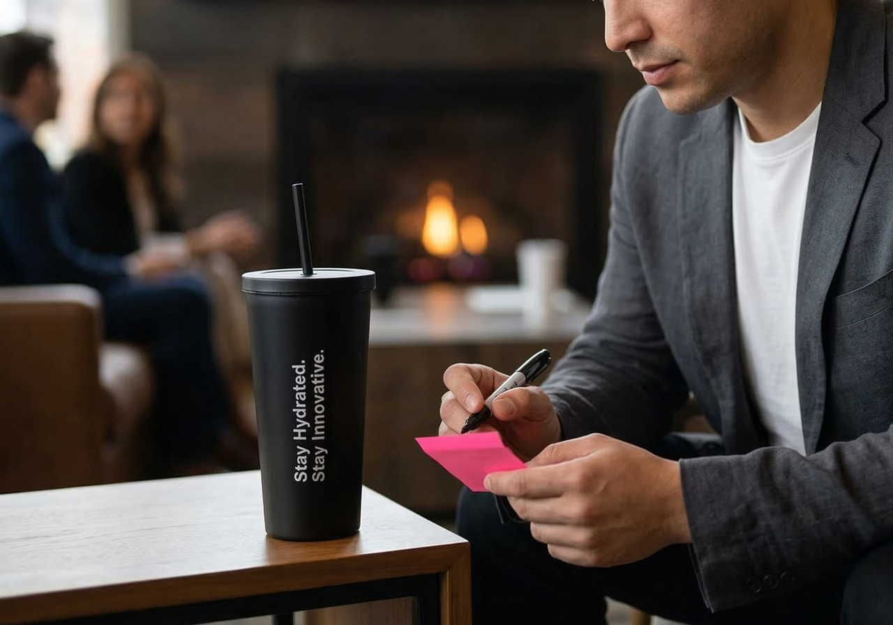 A man in a suit writes on a pink sticky note near a black tumbler that reads "Stay Hydrated, Stay Innovative".