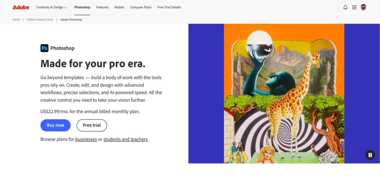 Adobe Photoshop product page highlighting professional photo editing and design tools, AI-powered features, pricing information, and a creative promotional artwork.