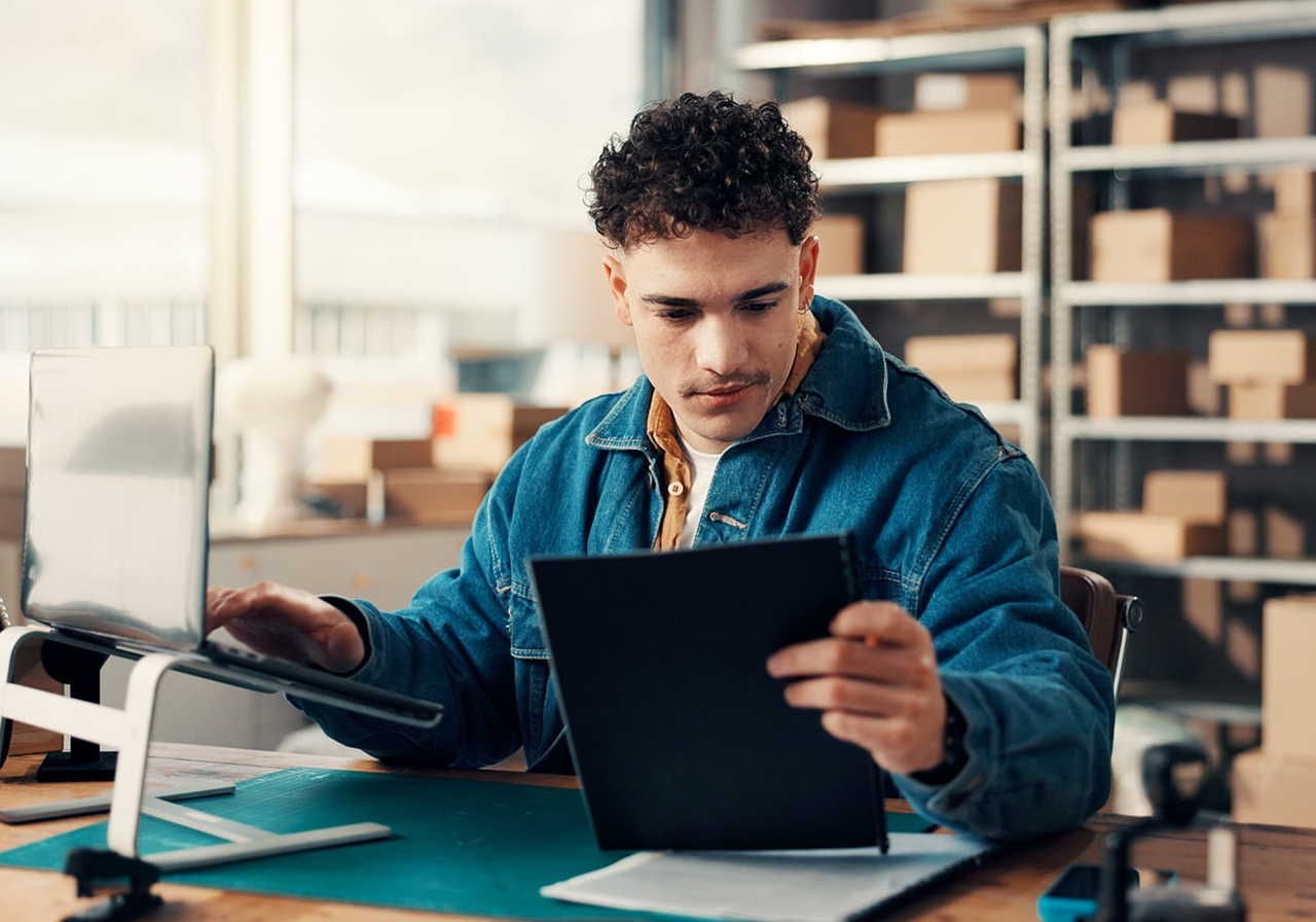 A young man in a denim jacket is typing on a laptop while looking at a notebook. Shelves with cardboard boxes in the background.