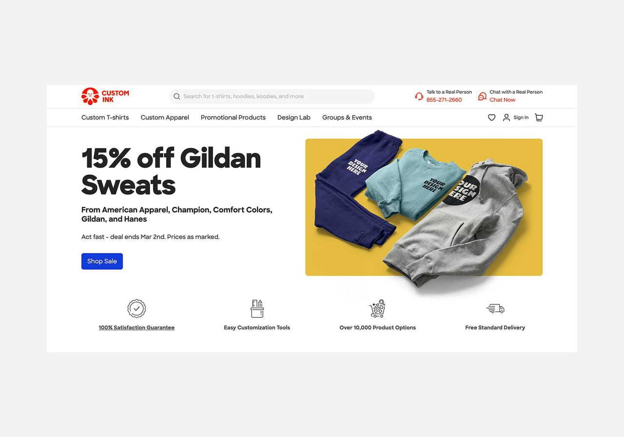A screenshot mockup of the Custom Ink homepage hero section.