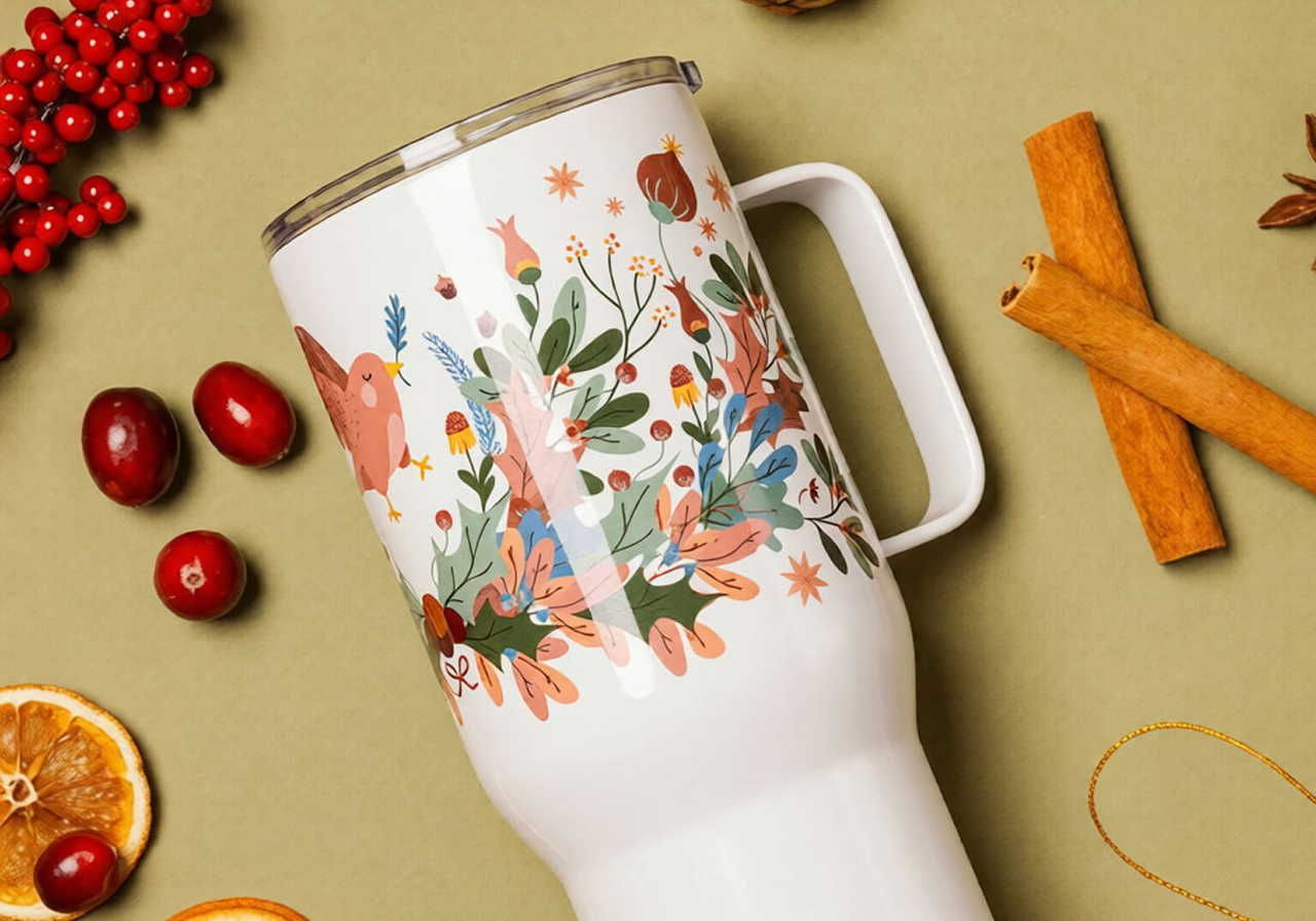 A decorative travel mug with floral and animal designs, surrounded by orange slices, cranberries, cinnamon sticks, and red berries.