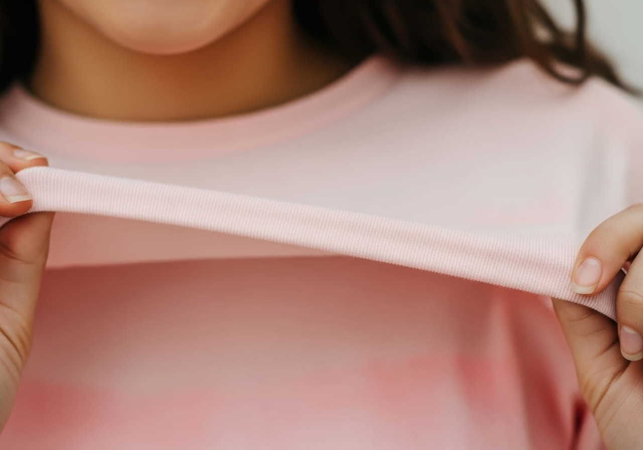 Close-up of a person stretching the collar of a pink shirt with both hands, showing the fabric texture.