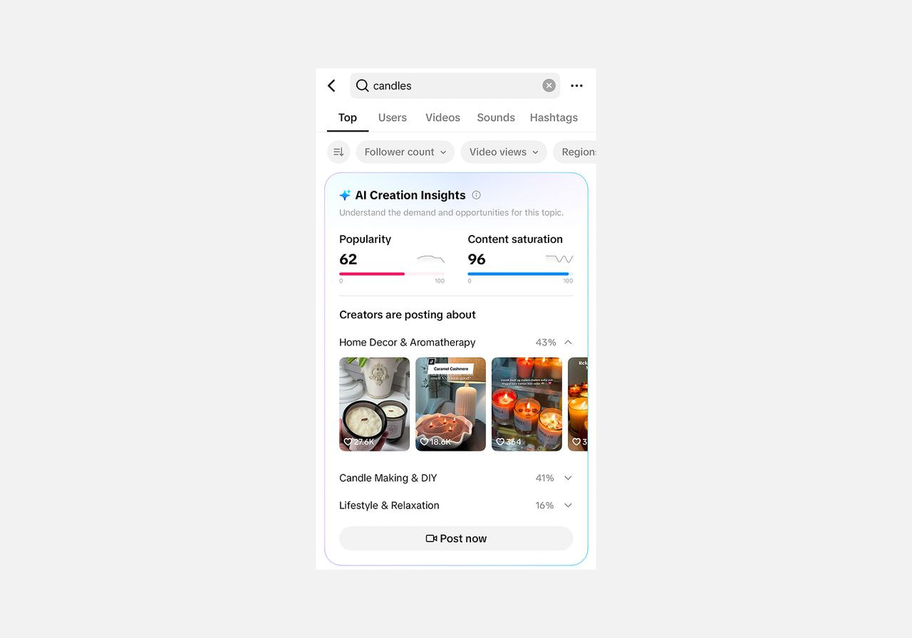 TikTok's AI Creation Insights for "candles" show a popularity score of 62 and content saturation of 96, with most creators posting about home decor and aromatherapy.