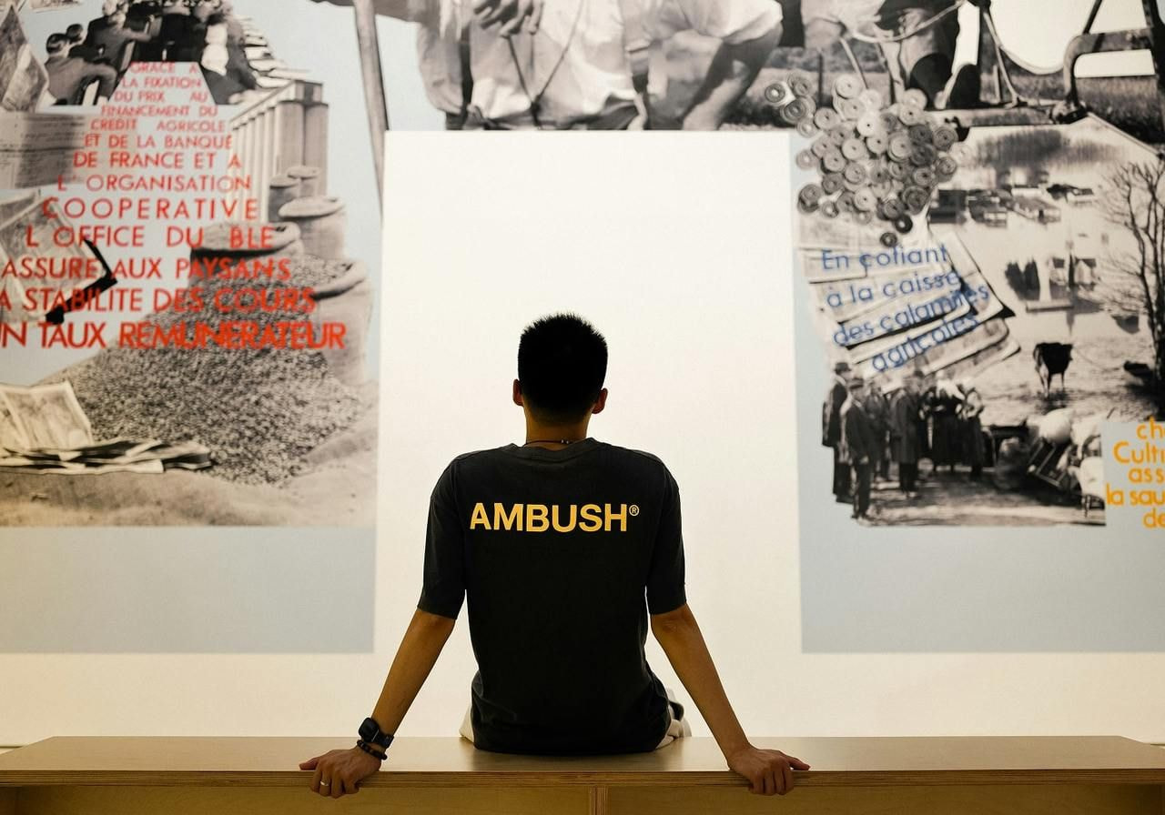 A backshot of a man in a black “AMBUSH” t-shirt sitting in front of an art exhibition.