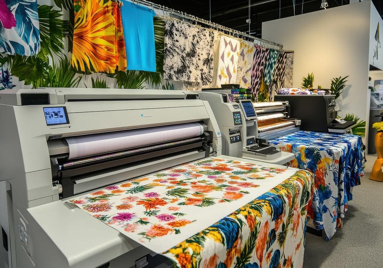 Large fabric printer outputs colorful floral prints.