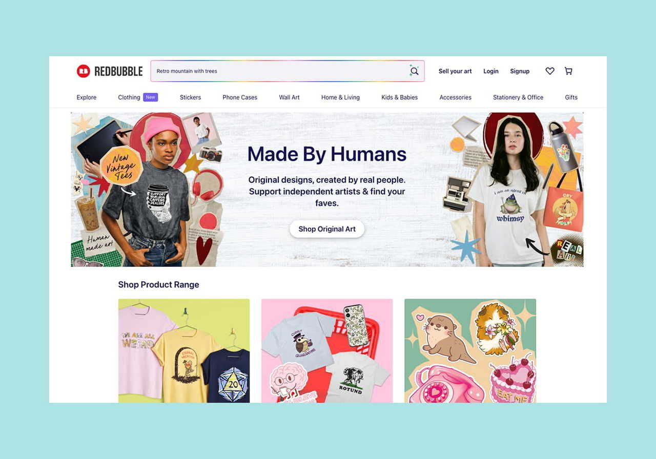 Redbubble homepage hero section screenshot mockup.