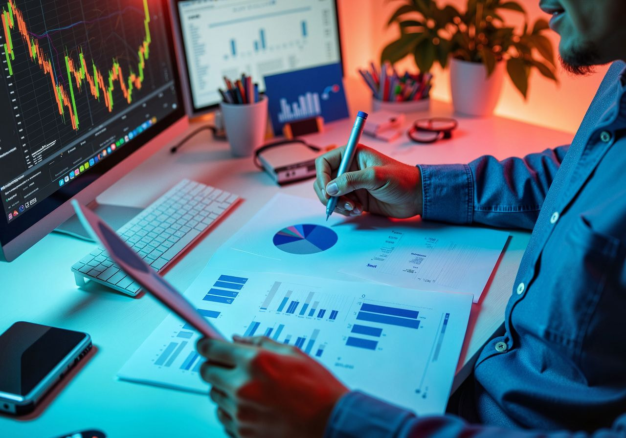 A man works on a computer, analyzing a chart displayed on the screen.