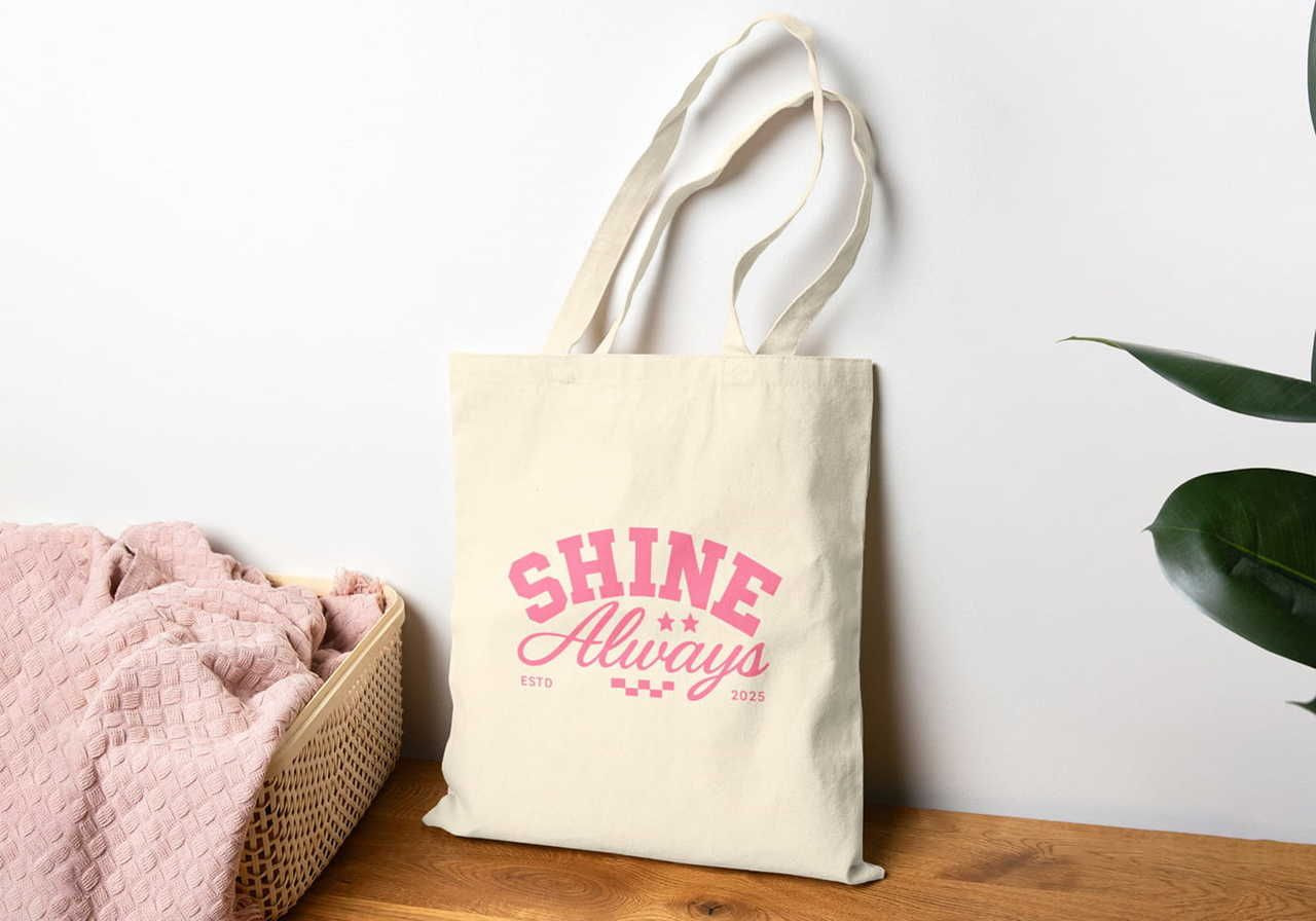A beige tote bag with "Shine Always" in bold pink letters is on a wooden surface. A pink blanket is in a basket nearby.