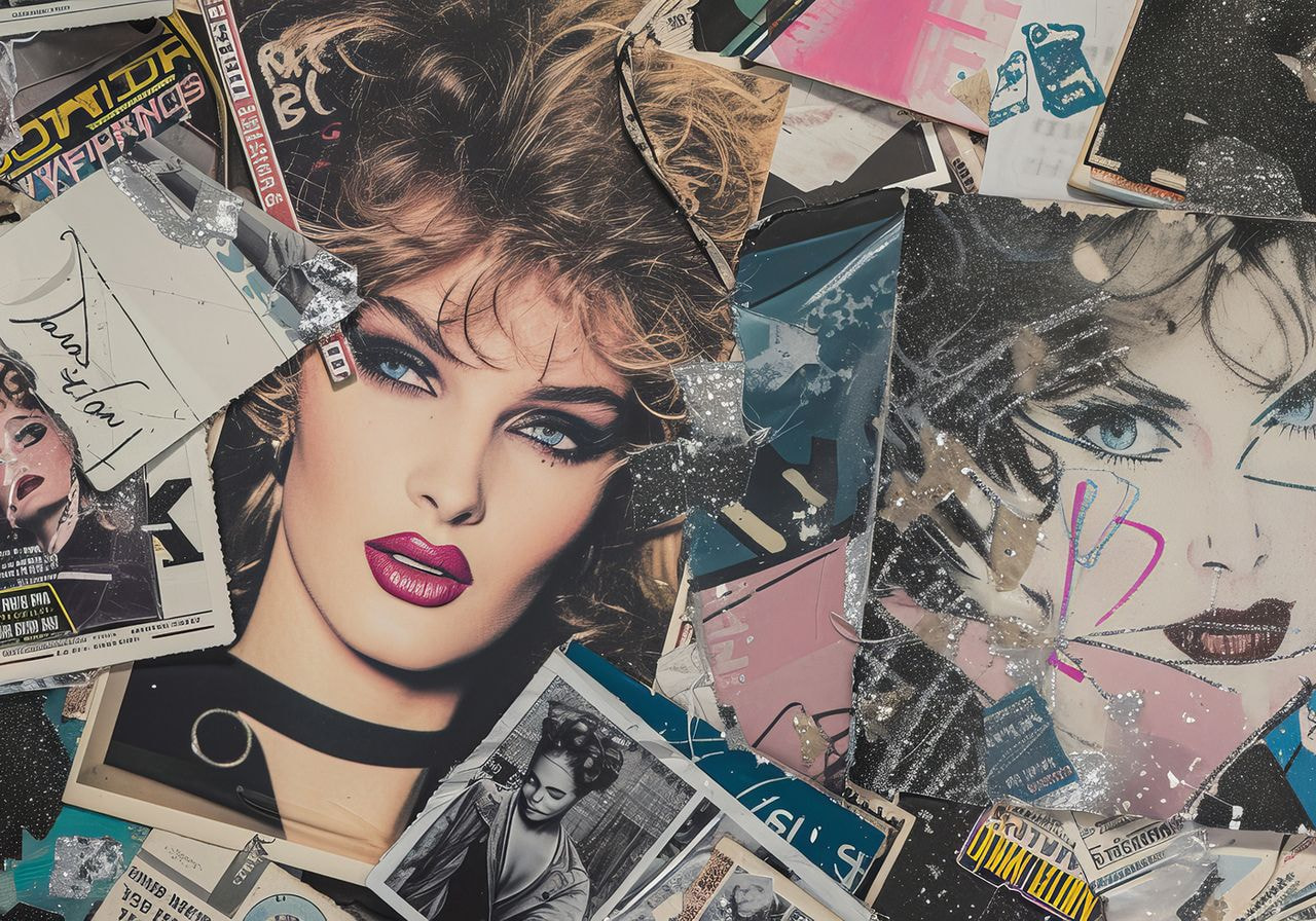 A collage of 1980s fashion magazine covers and pop art, featuring bold makeup, vibrant colors, glitter accents, and iconic hairstyles, conveying nostalgia.