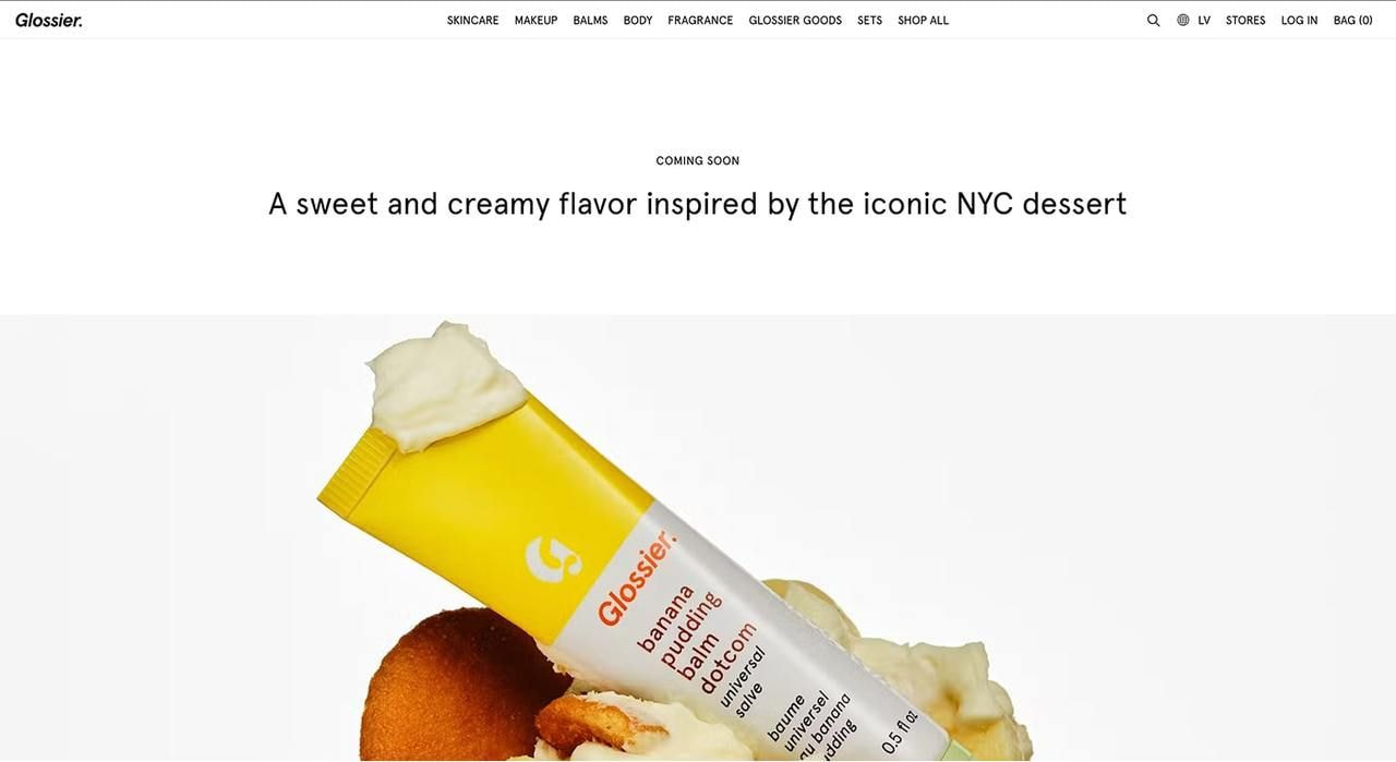 Glossier homepage hero section screenshot.