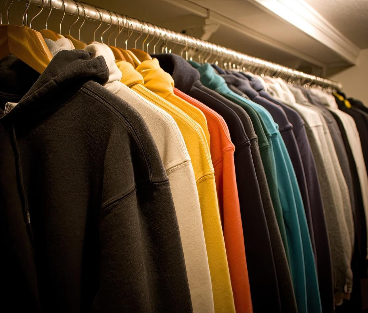 A row of colorful hoodies hangs on wooden hangers in a closet.