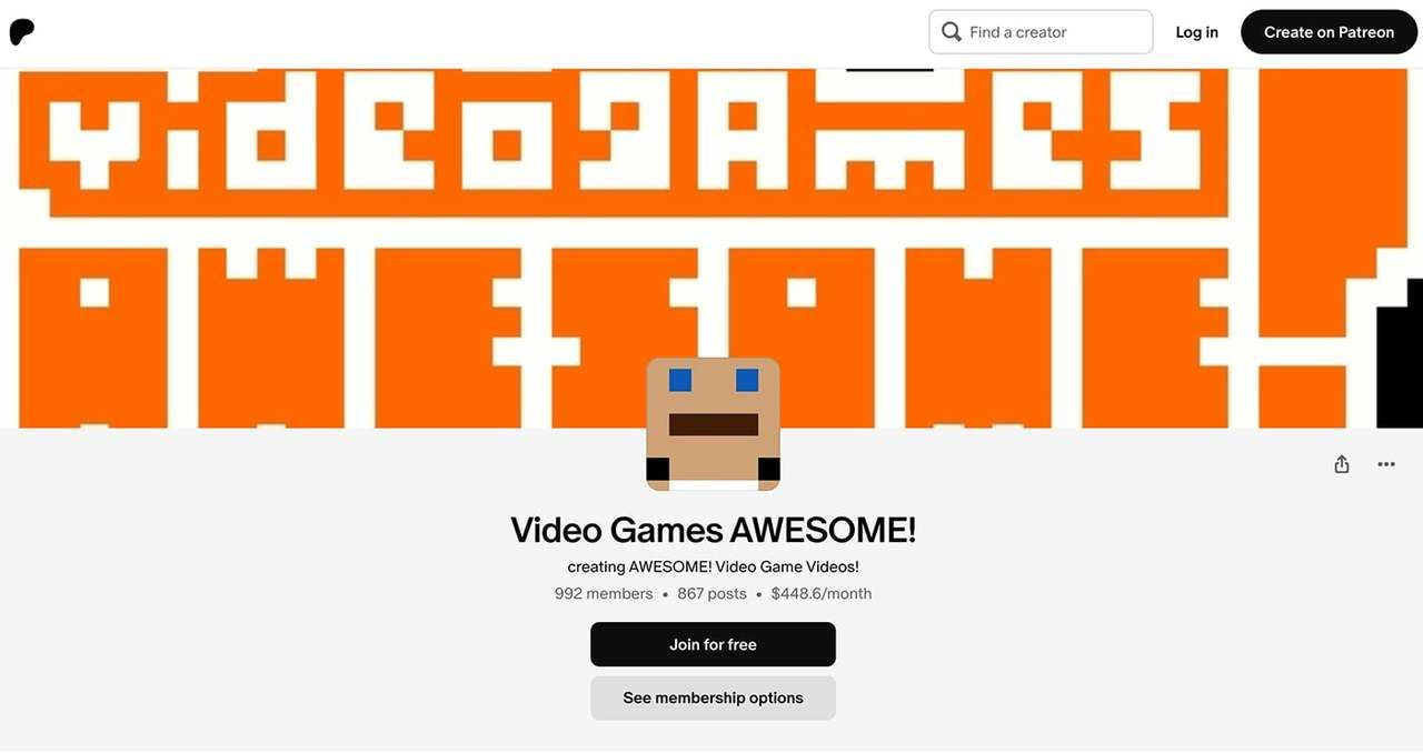 A screenshot of “Video Games AWESOME!” Patreon page.