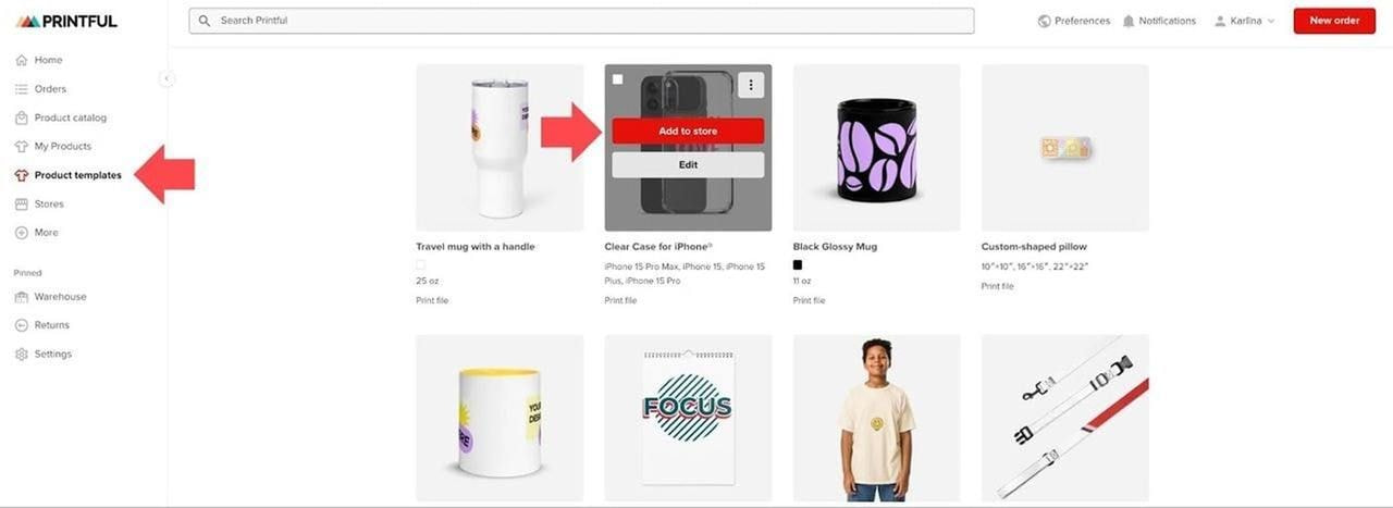 Printful product template menu item highlight screenshot.