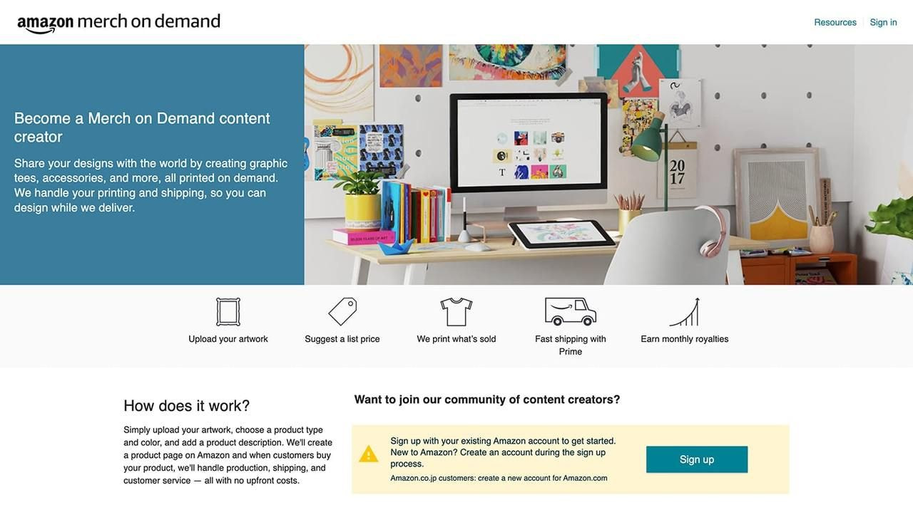 Amazon Merch on Demand homepage hero section screenshot.