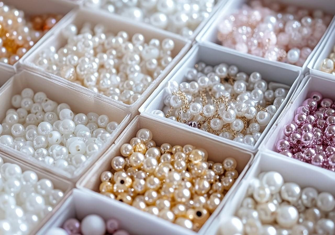 A close-up of a box filled with various types of lustrous pearls in different colors and sizes.