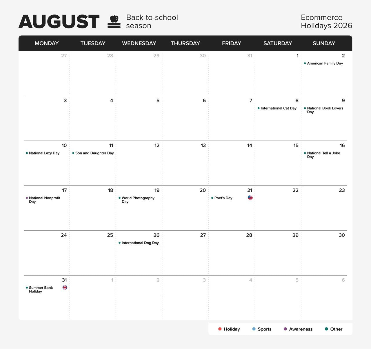 Printful’s eCommerce holiday calendar for 2026, month - August.