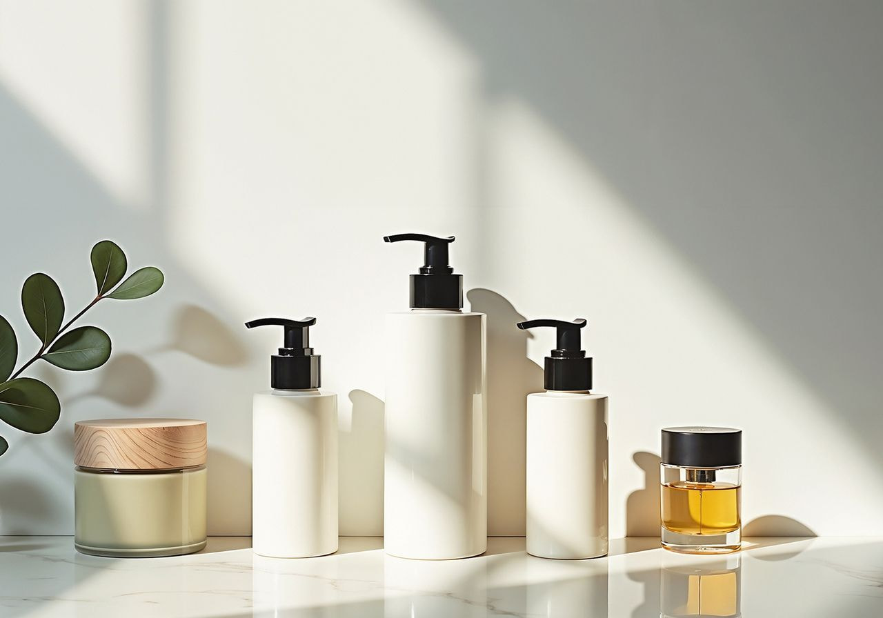 A white counter displaying various bottles of lotion and soap arranged neatly.