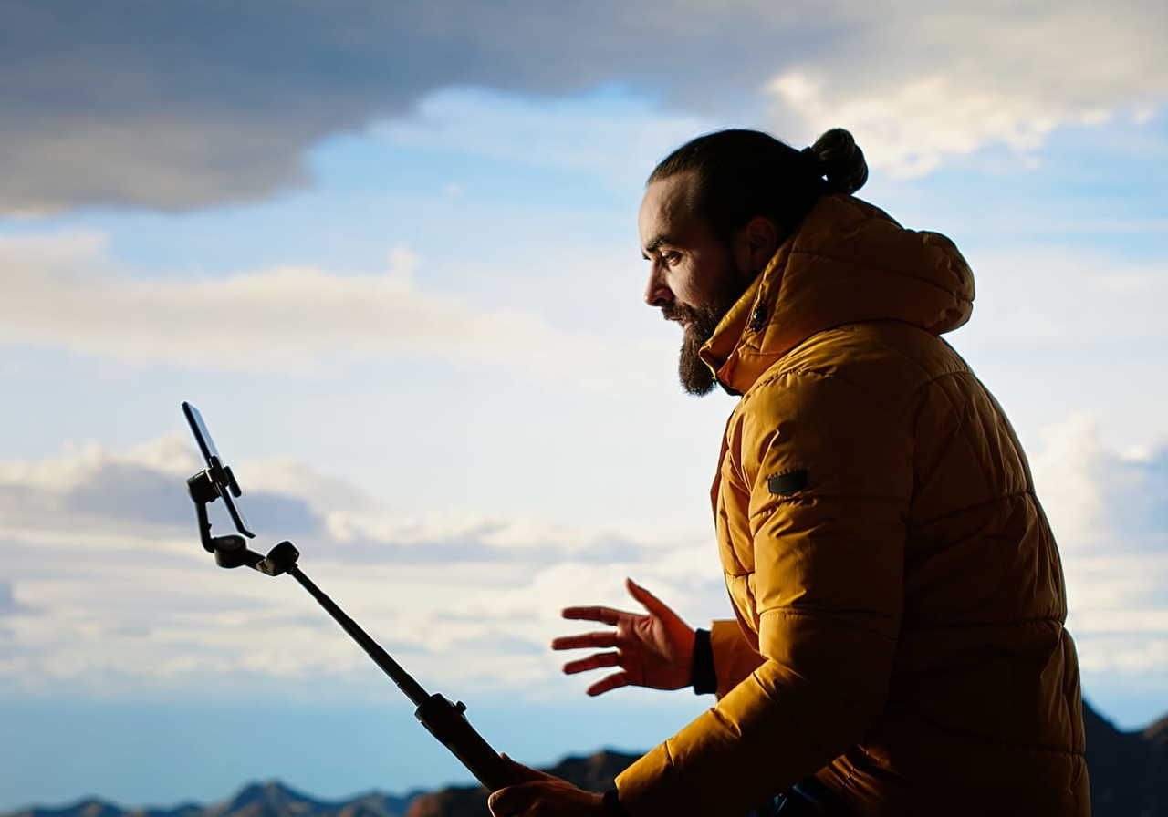 A man in a yellow jacket gestures expressively while holding a smartphone on a selfie stick, set against a cloudy sky at sunset.