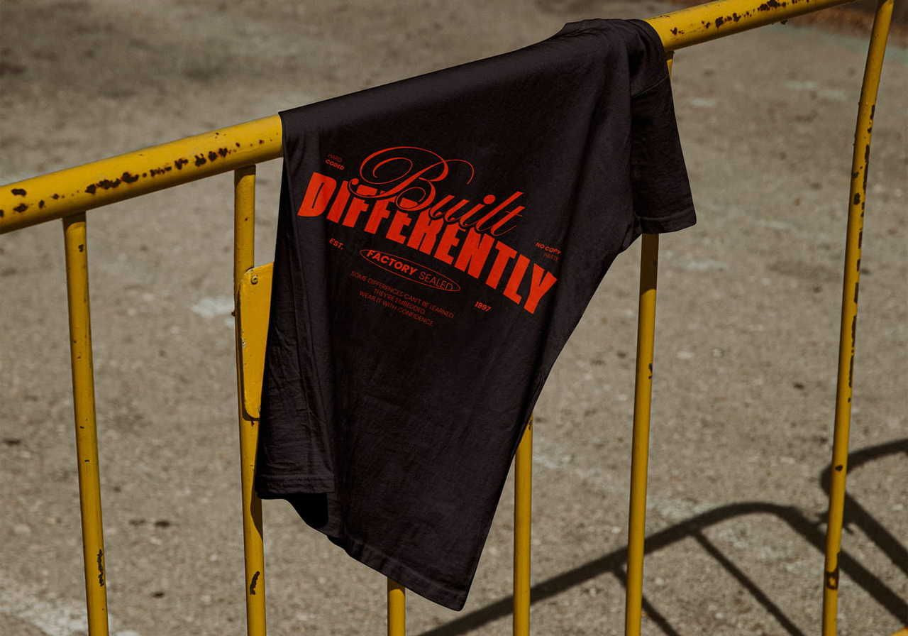 A black “Build differently” t-shirt is hanging on a yellow rail.