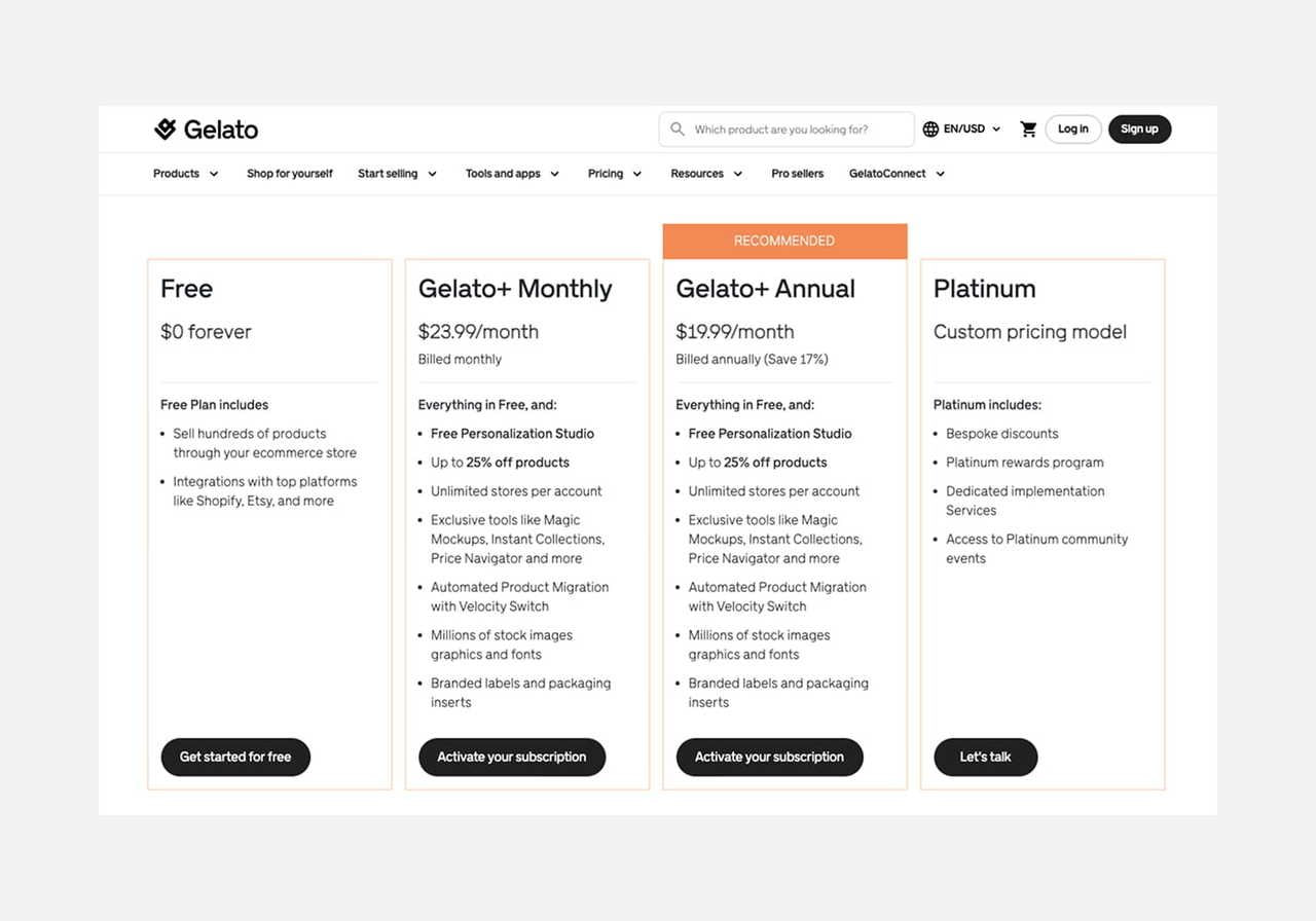 A screenshot mockup showing Gelato’s pricing.