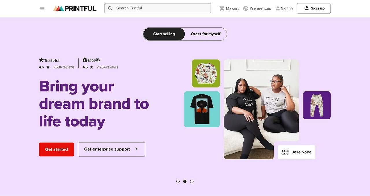 Printful homepage hero section screenshot.