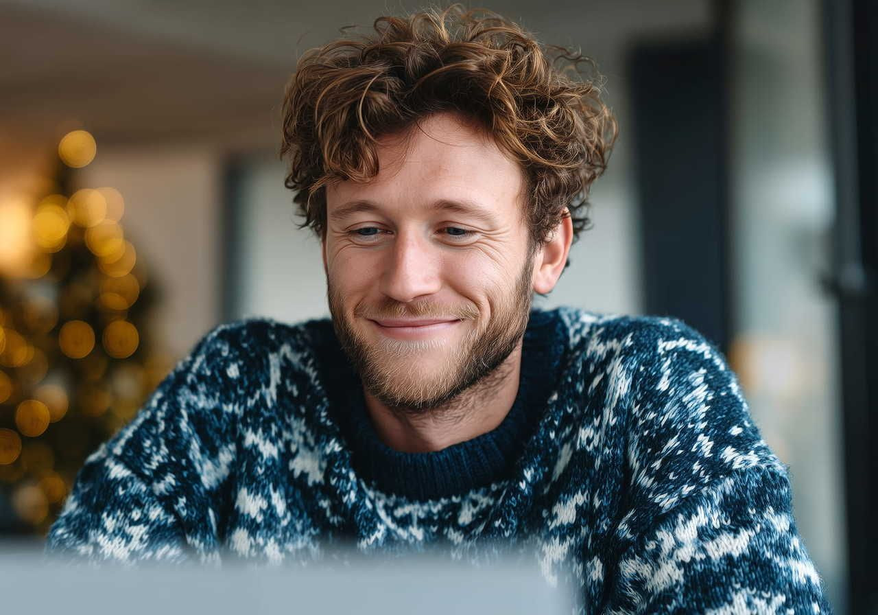 Smiling man with curly hair wearing a blue patterned knit sweater, looking down at a laptop.