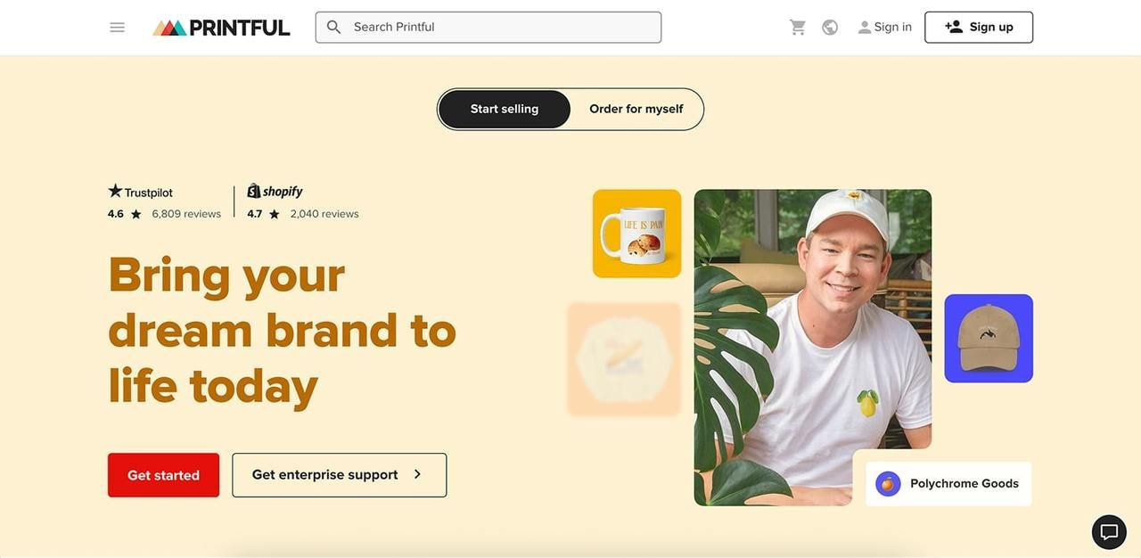 Printful homepage hero section screenshot.